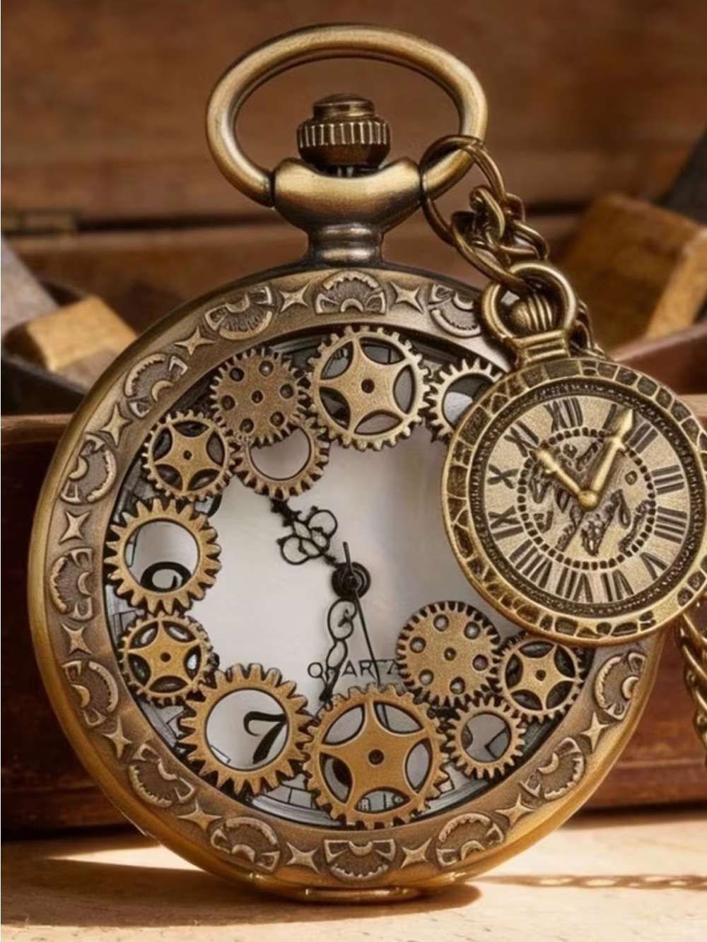 Antique Brass Steampunk Gear Pocket Watch with chain